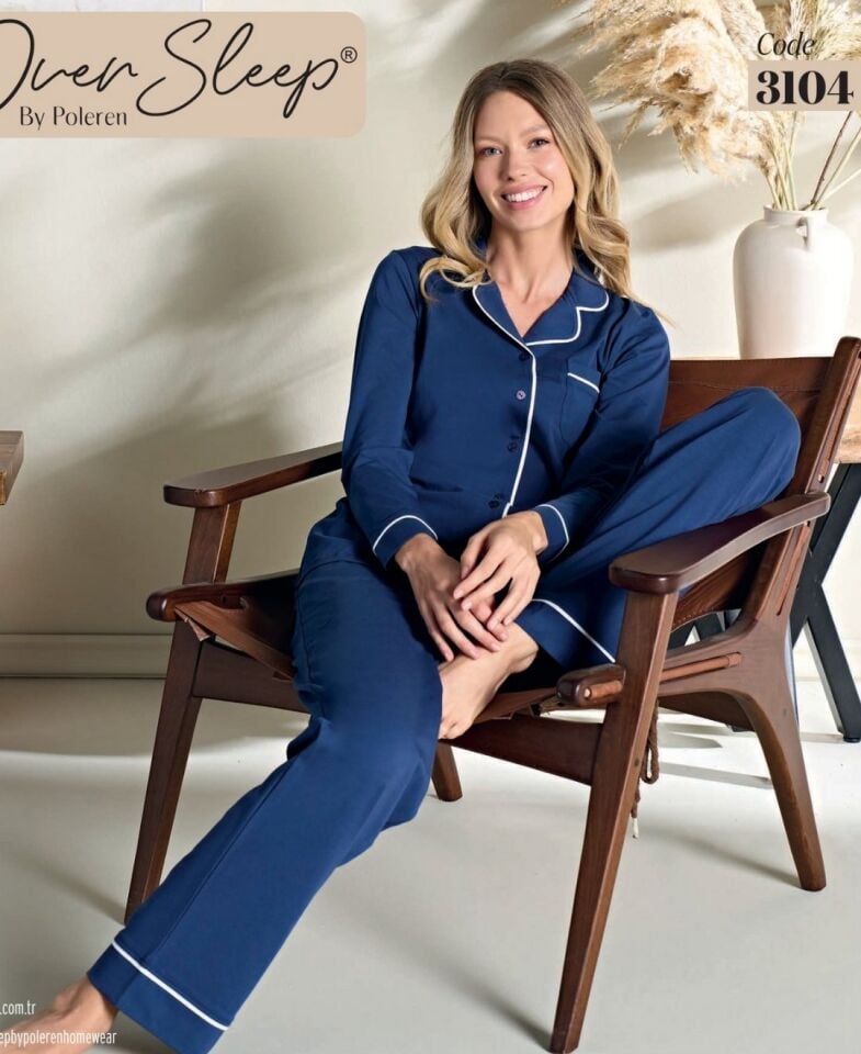 OverSleep Lacivert Biyeli Gömlek Yaka Uzun Kol Rahat Pijama Takımı OverSleep Lacivert Biyeli Gömlek Yaka Uzun Kol Rahat Pijama Takımı