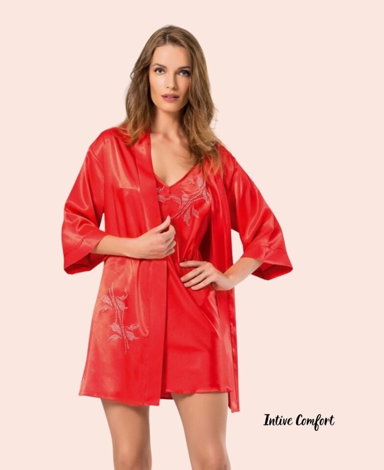 Intive Kadın Taş Detaylı Canlı Kırmızı Mini Gecelik Sabahlık Takım Intive Kadın Taş Detaylı Canlı Kırmızı Mini Gecelik Sabahlık Takım
