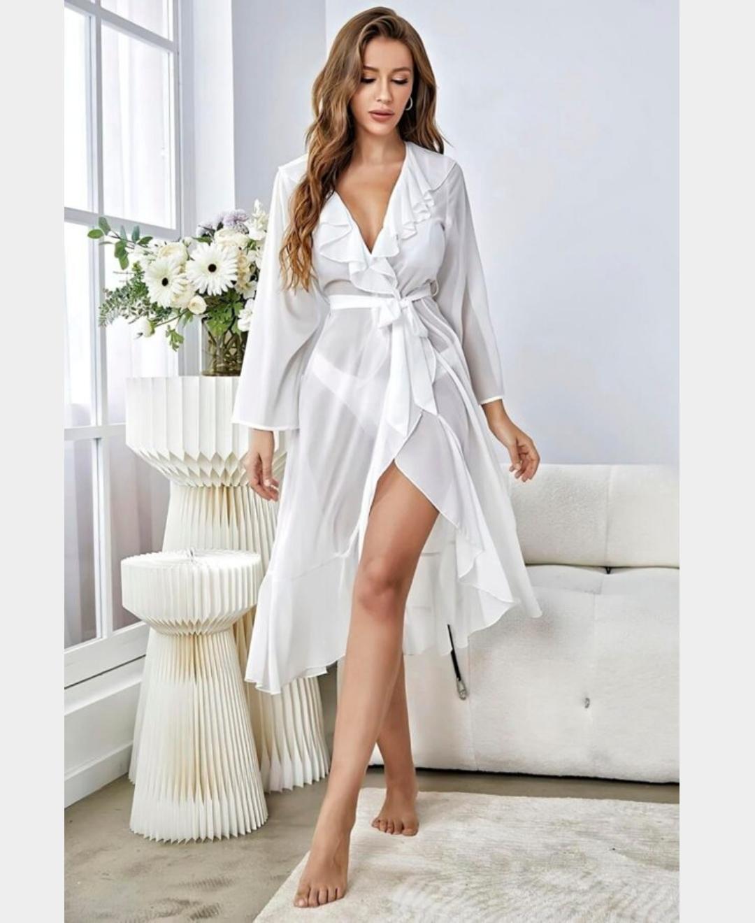 Kadın Beyaz Fırfırlı Kuşaklı Transparan Gecelik/Babydoll- 3434 Beyaz - L/XL
