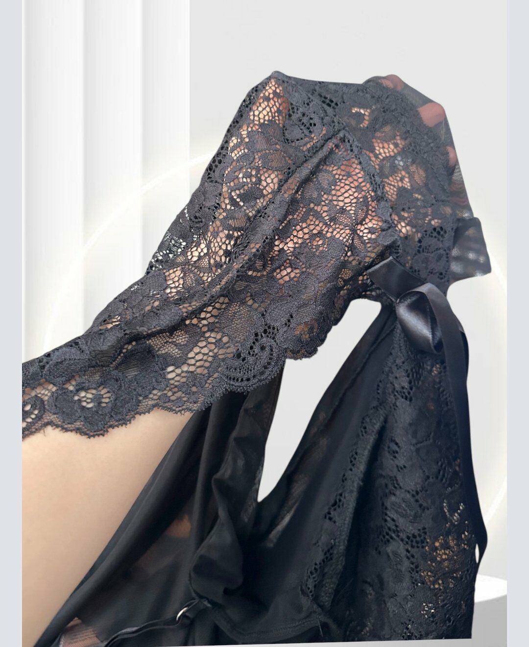 Visatin Dantell Tüllü Siyah Transparan Önü Açık Volanlı Önü Kurdele Detaylı Mini Gecelik -4050 Siyah - M