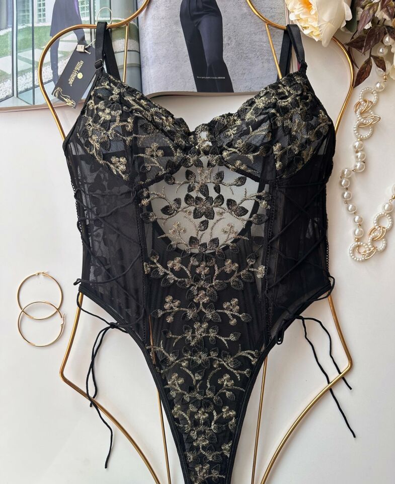 Blair New Siyah Gold Siyah İşlemeli İthal Çıtçıtlı Bodysuit Siyah/Gold - L