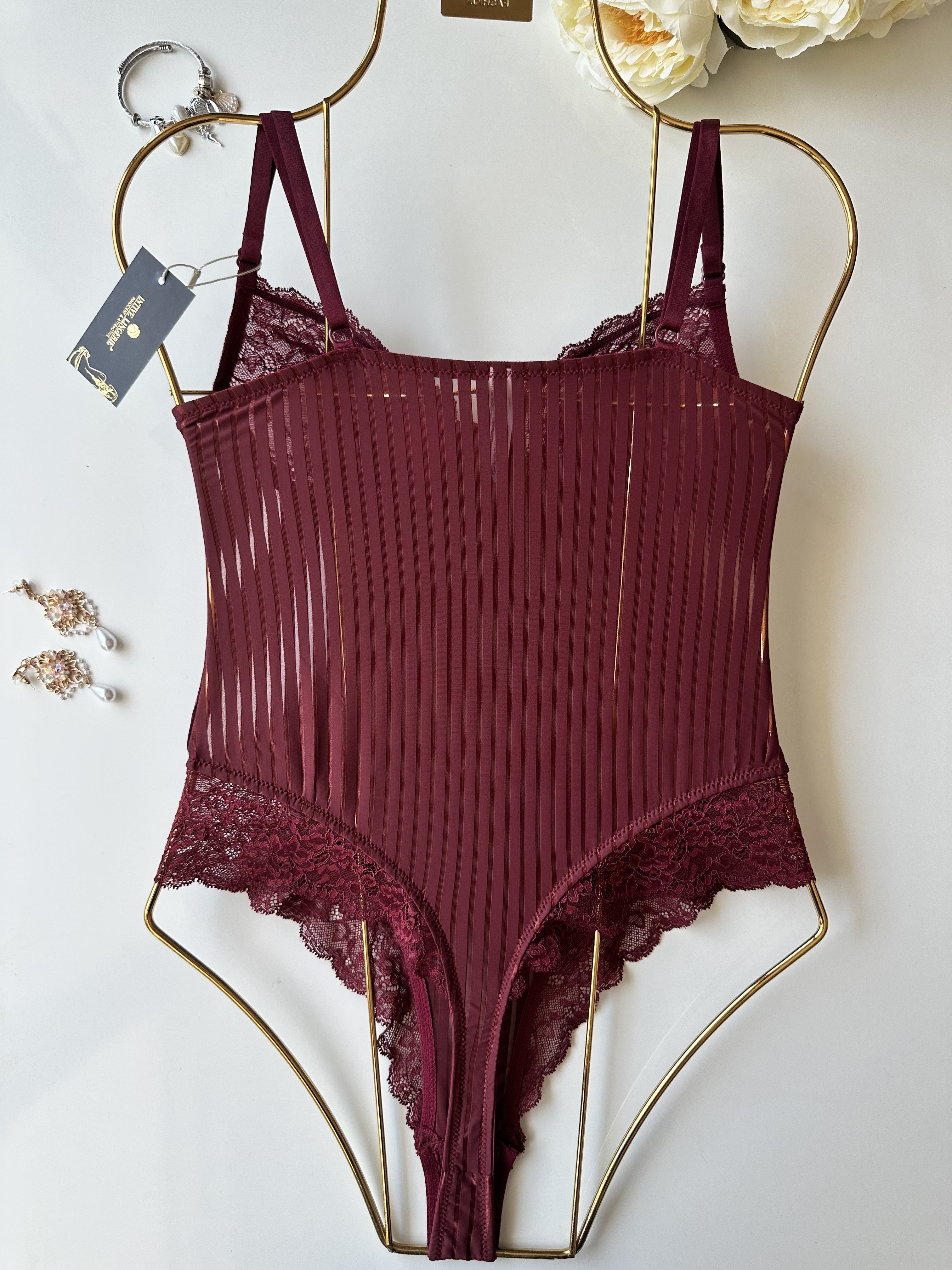 Amelie Balenli Dantelli Çıtçıtlı Üstün Kalite Bodysuit Bordo - S