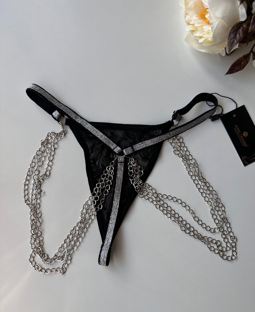 Gümüş Parlak İpli Zincirli Ayarlanabilir Fantezi G-String 101-SILVER