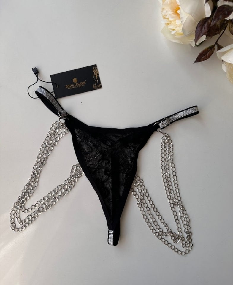 Gümüş Parlak İpli Zincirli Ayarlanabilir Fantezi G-String 101-SILVER