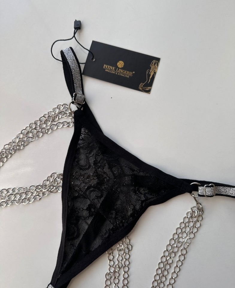 Gümüş Parlak İpli Zincirli Ayarlanabilir Fantezi G-String 101-SILVER