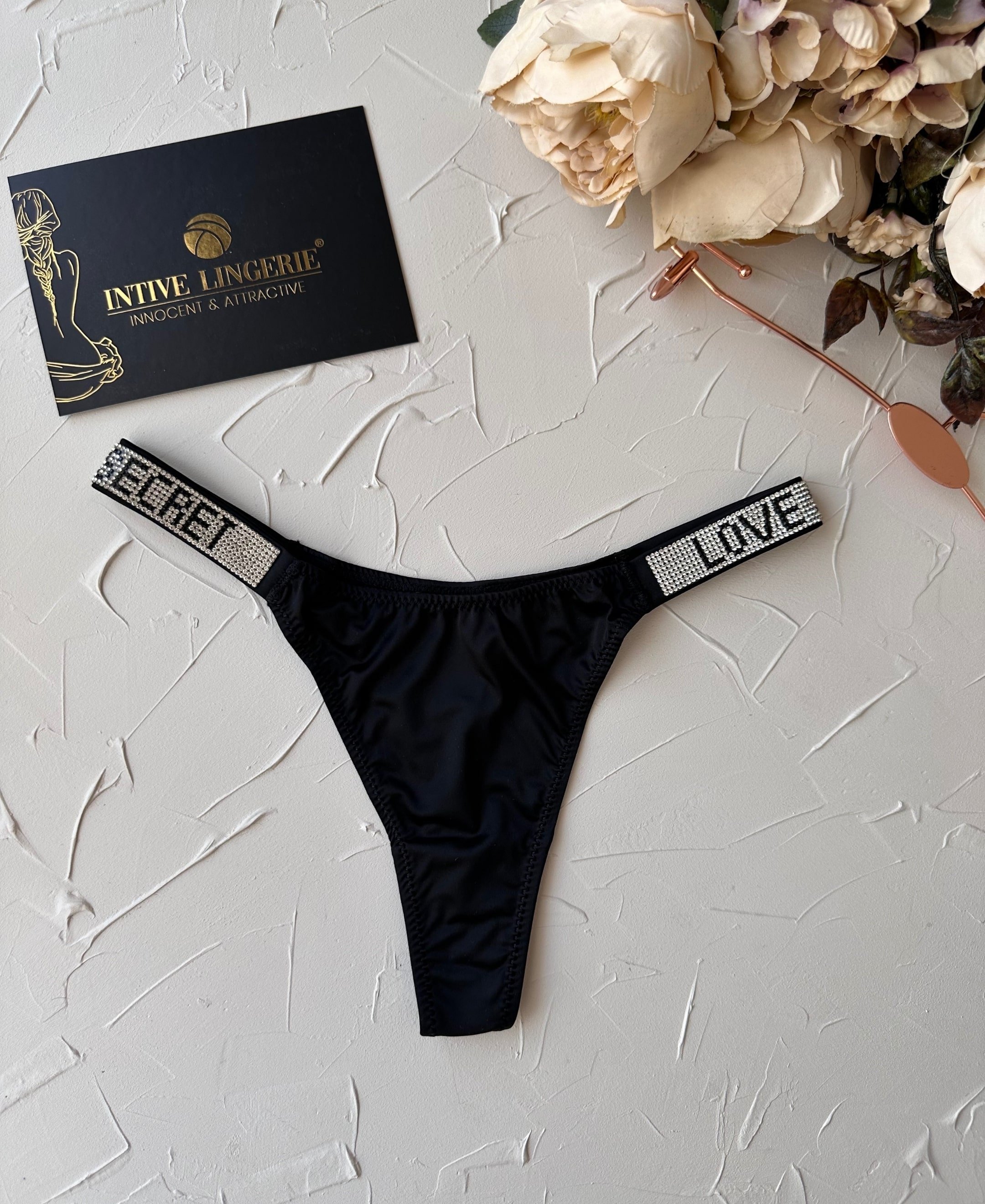 Doja Yoğun Taşlı Love Secret Yazılı Ağı Pamuklu İthal Saten Tanga Siyah - L