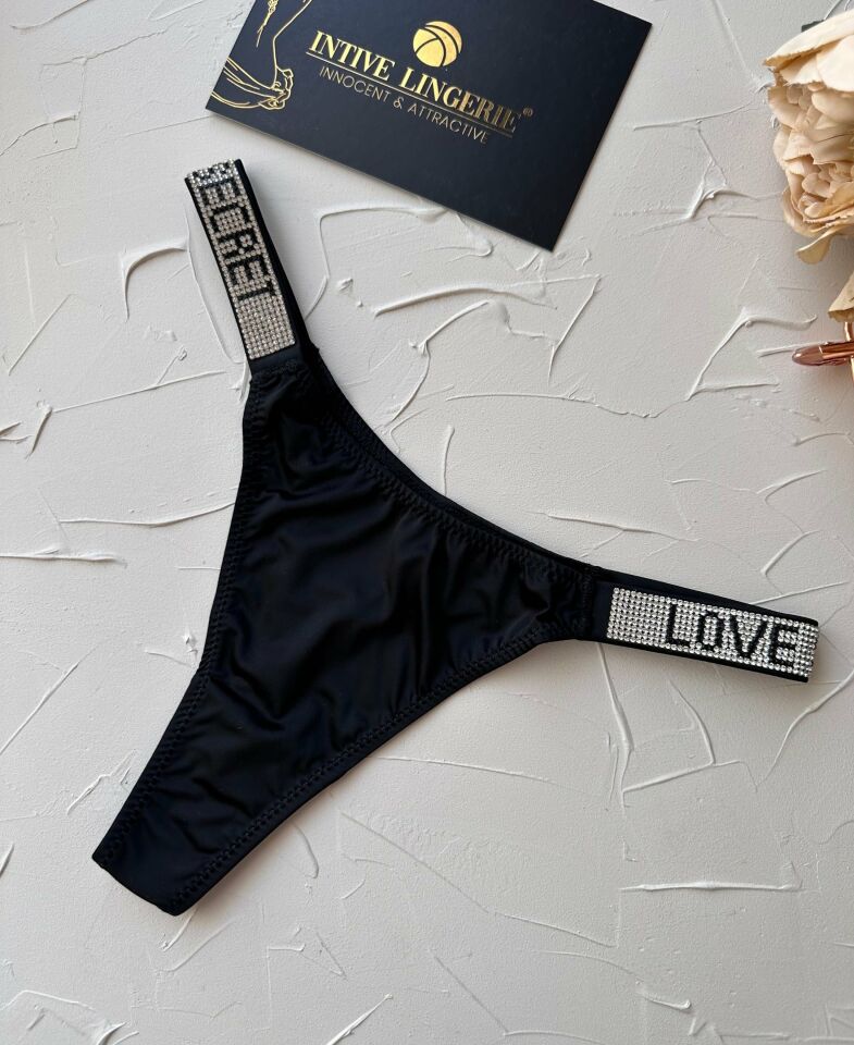 Doja Yoğun Taşlı Love Secret Yazılı Ağı Pamuklu İthal Saten Tanga Siyah - L