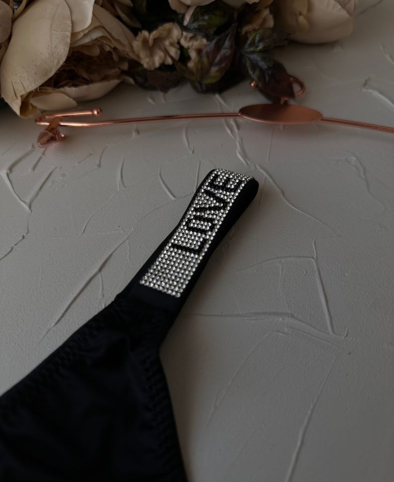 Doja Yoğun Taşlı Love Secret Yazılı Ağı Pamuklu İthal Saten Tanga Siyah - L