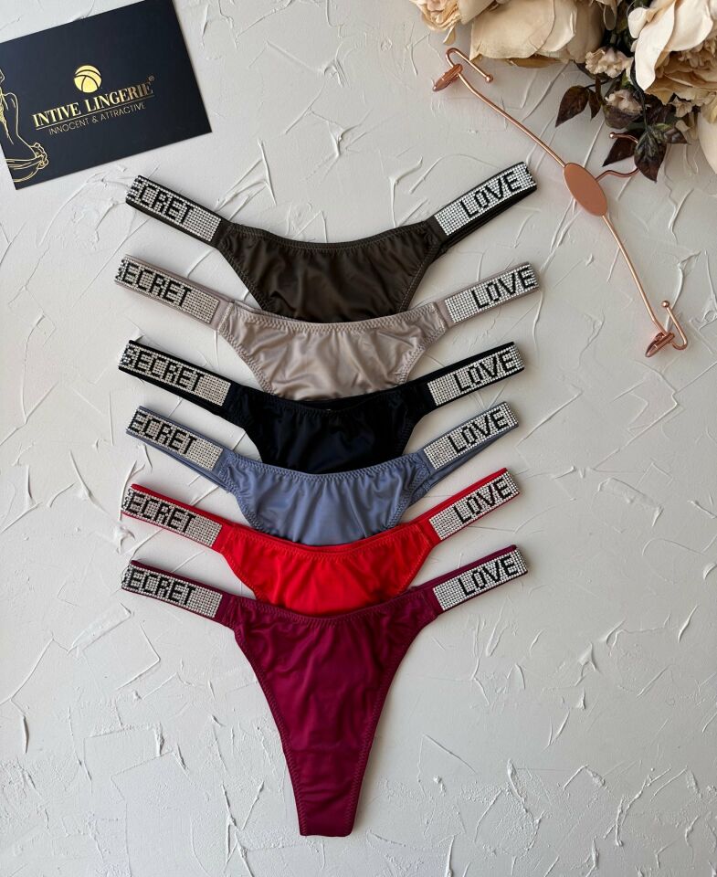 Doja Yoğun Taşlı Love Secret Yazılı Ağı Pamuklu İthal Saten Tanga Siyah - L