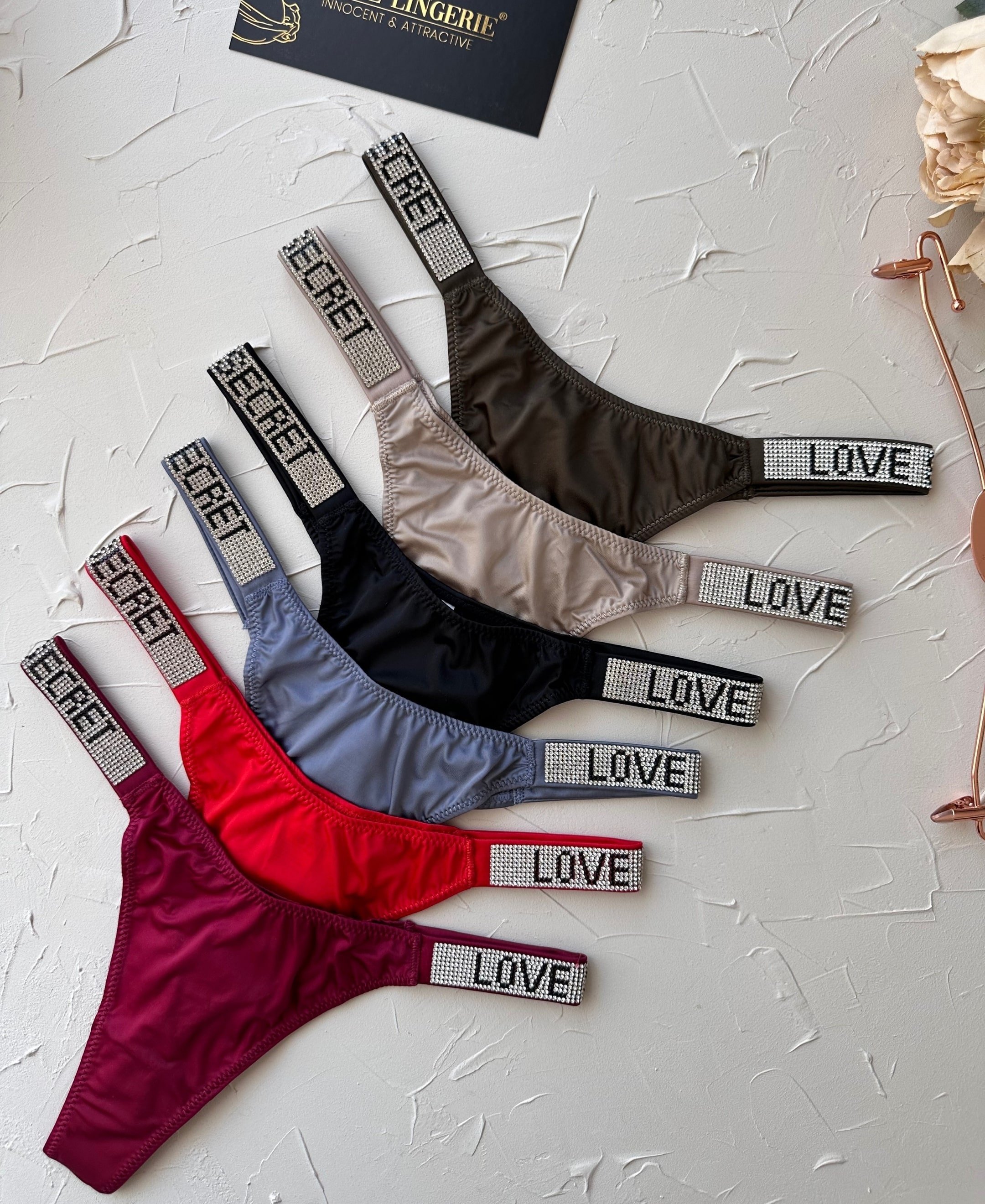 Doja Yoğun Taşlı Love Secret Yazılı Ağı Pamuklu İthal Saten Tanga Siyah - L