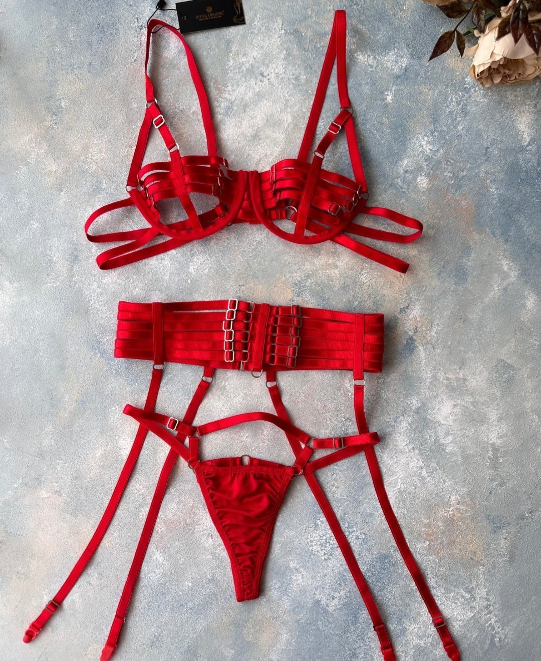 Red Savage Kırmızı Balenli Ayarlanabilir Harness Sütyen Jartiyer Tanga Takım -8500 Kırmızı - Tek Ebat