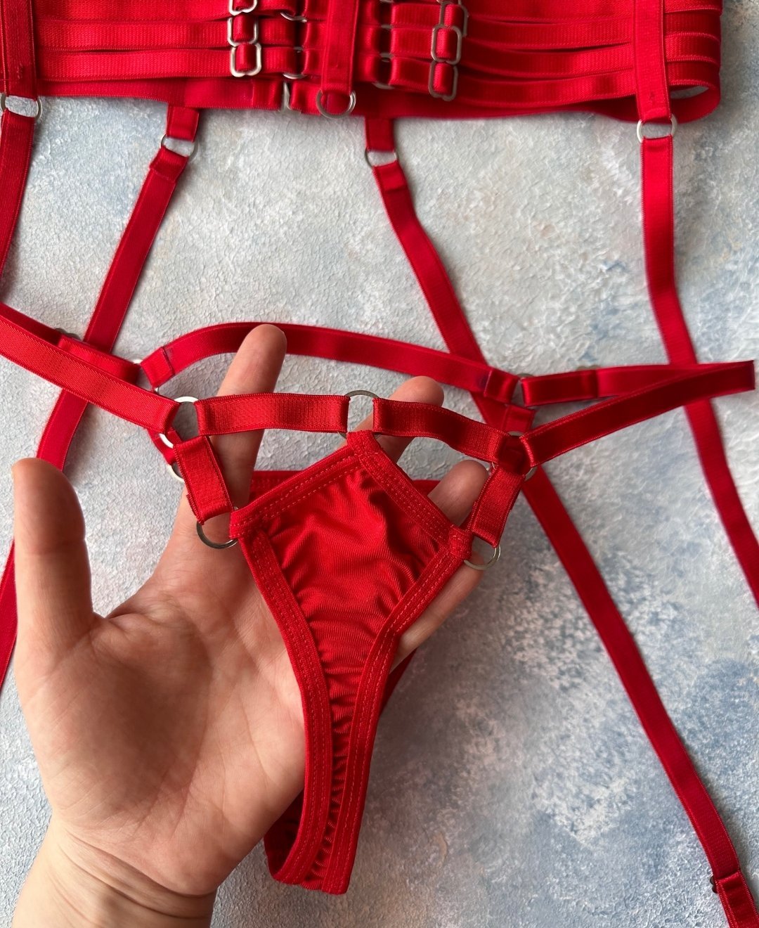 Red Savage Kırmızı Balenli Ayarlanabilir Harness Sütyen Jartiyer Tanga Takım -8500 Kırmızı - Tek Ebat