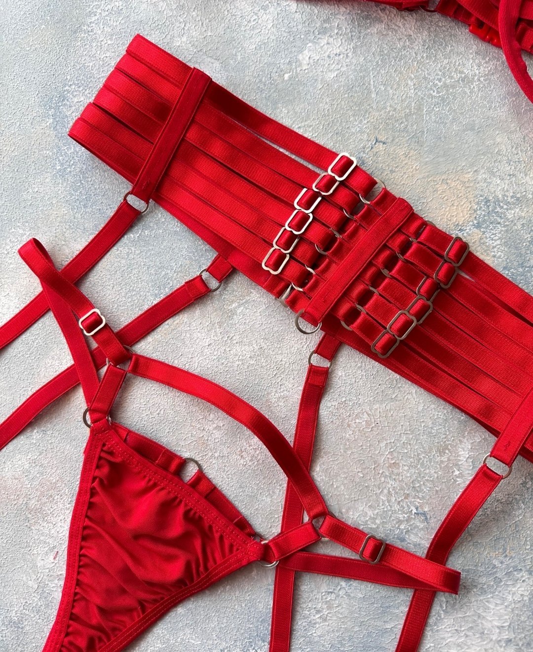Red Savage Kırmızı Balenli Ayarlanabilir Harness Sütyen Jartiyer Tanga Takım -8500 Kırmızı - Tek Ebat