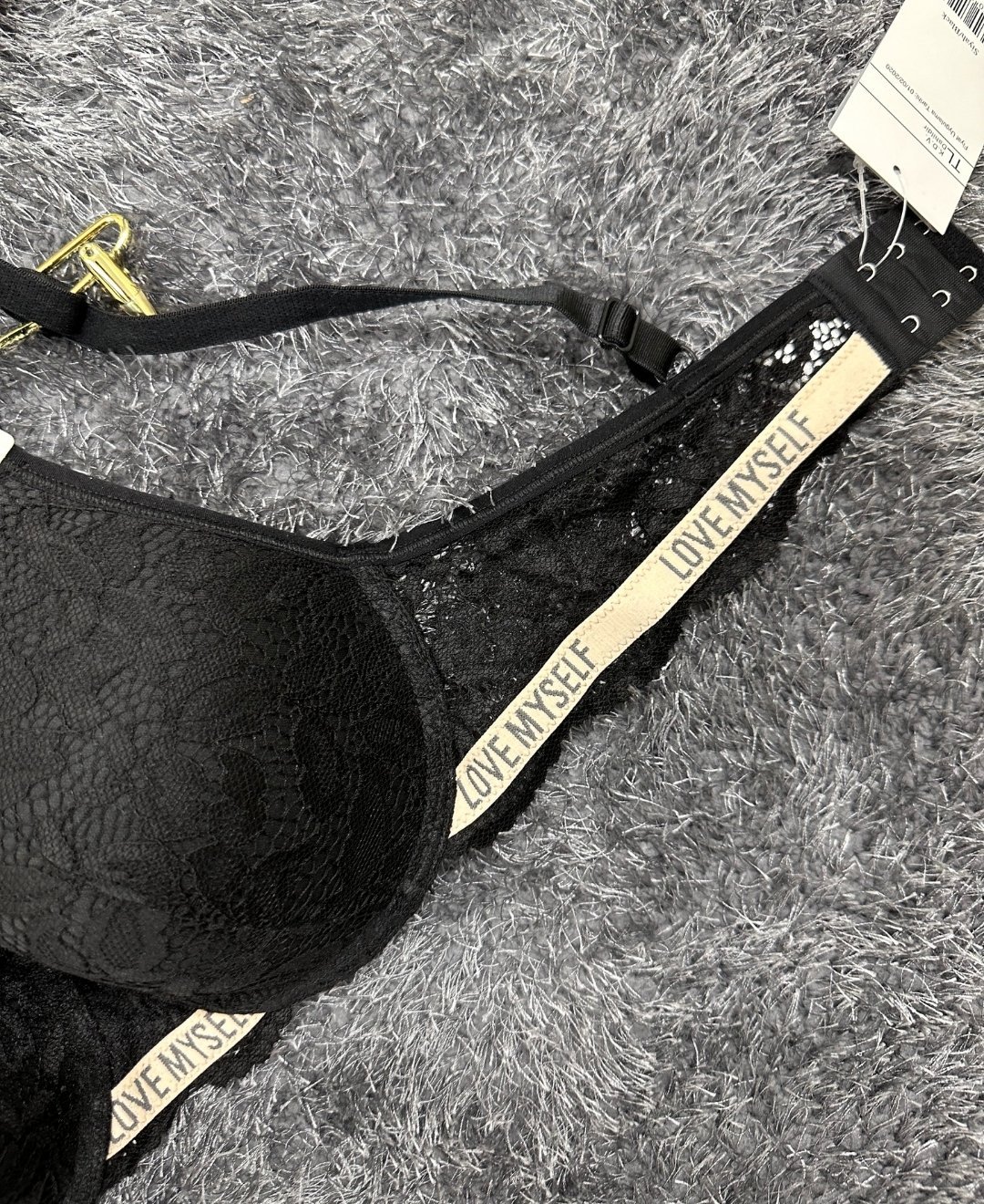 -Love myself- Yazılı Balenli Dantelli Desteksiz B-C Cup Uyumlu Sütyen (Gri,Siyah,Pudra) Pudra  - 85