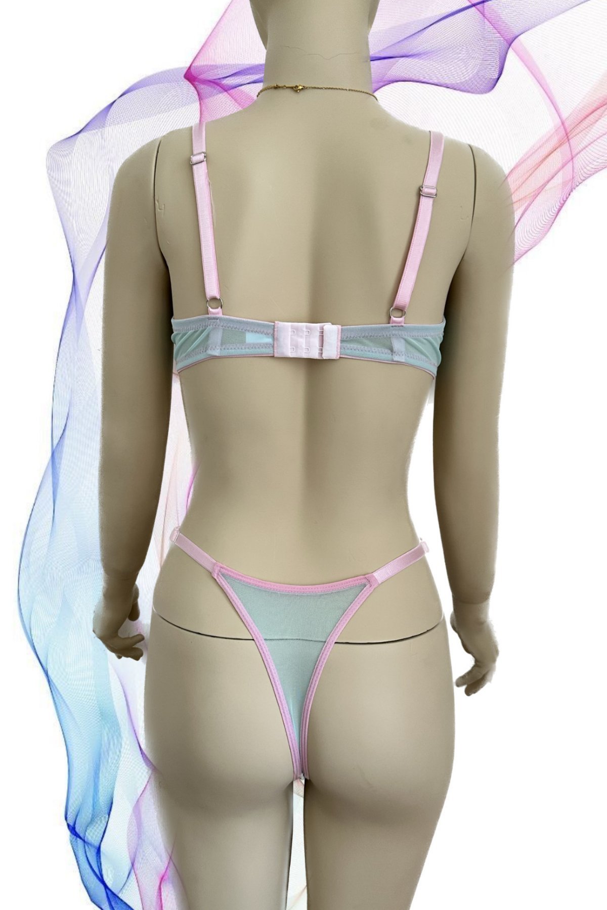 Rainbow Lady Turkuaz Renkli Çiçek Desenli Transparan Sütyen Takım Mavi/Pembe - 75B