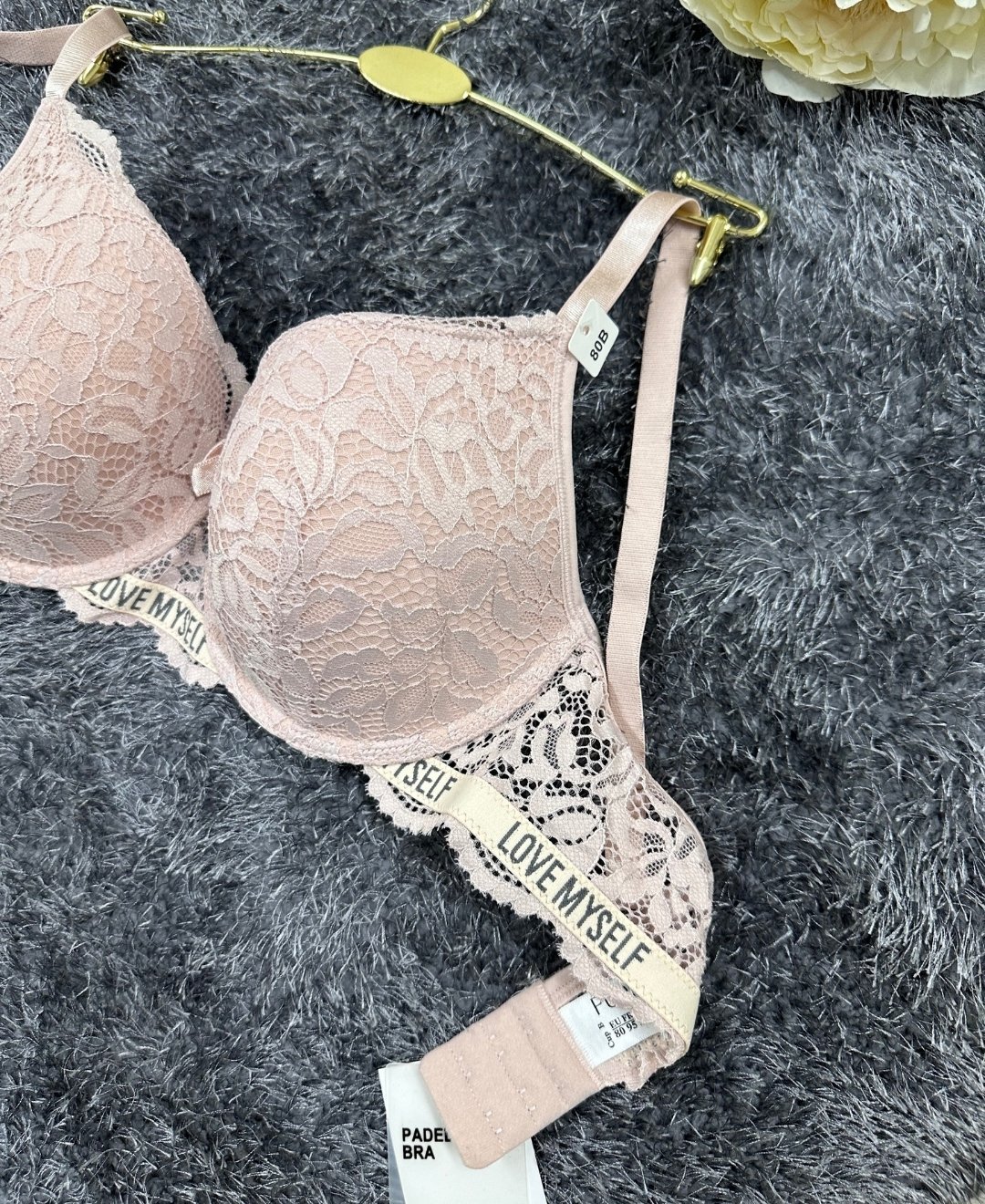 -Love myself- Yazılı Balenli Dantelli Desteksiz B-C Cup Uyumlu Sütyen (Gri,Siyah,Pudra) Pudra  - 85