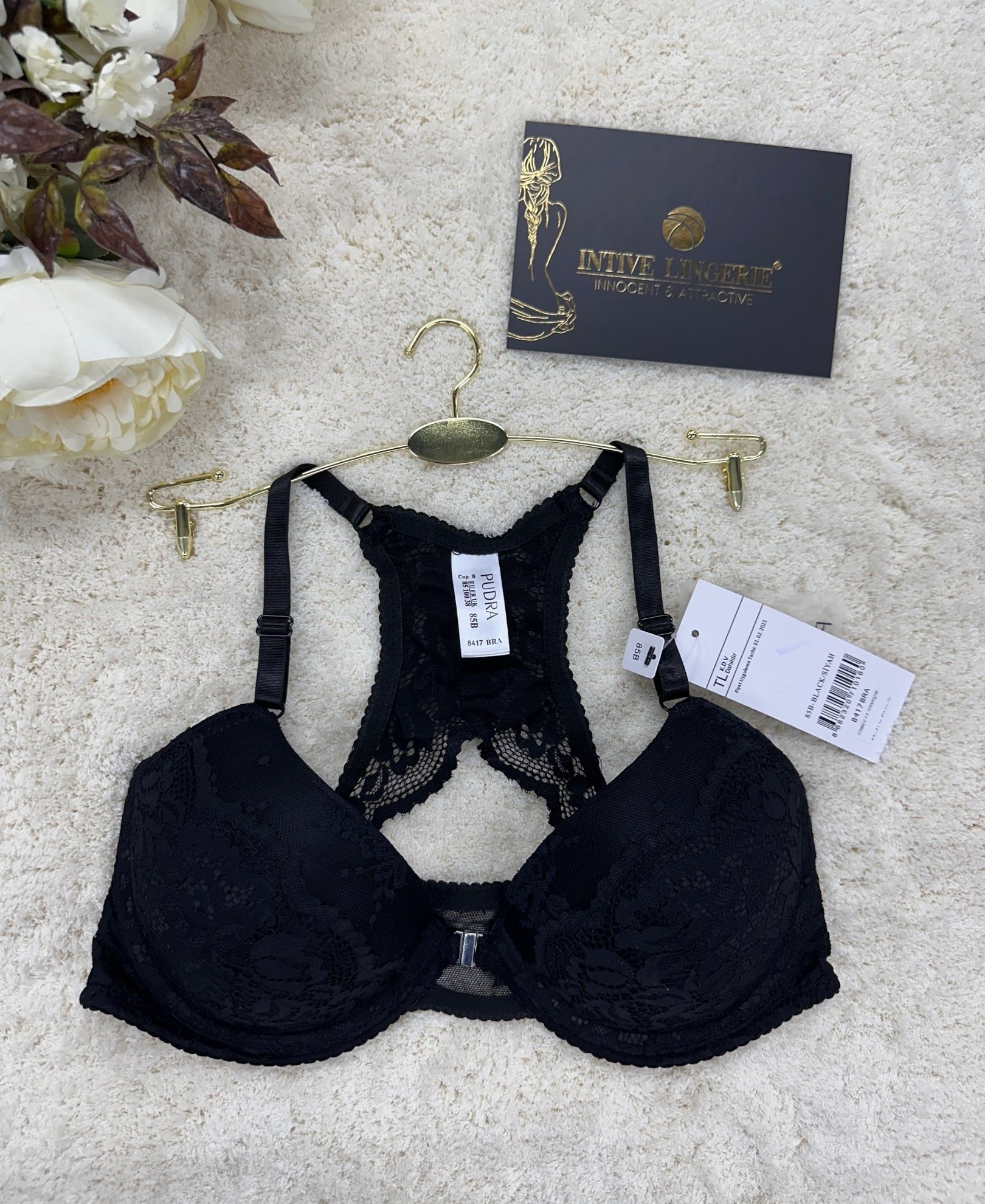 Pudra Önden Klipsli Güpür Dantelli Halter Kesim Yarı-Destekli Sütyen Siyah - 85B