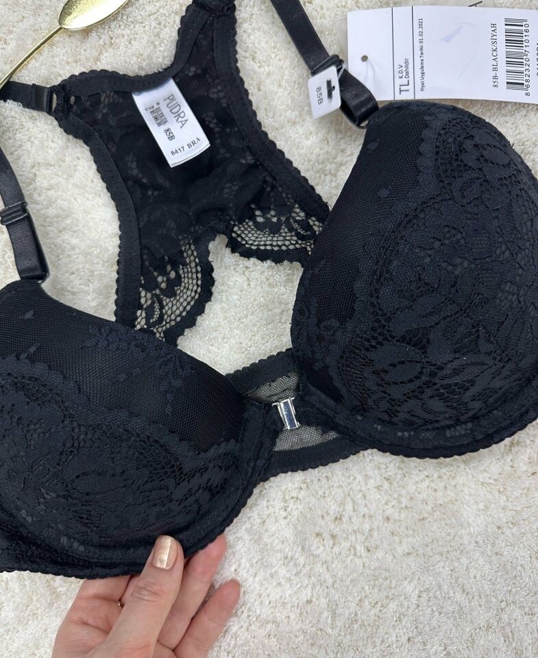 Pudra Önden Klipsli Güpür Dantelli Halter Kesim Yarı-Destekli Sütyen Siyah - 85B