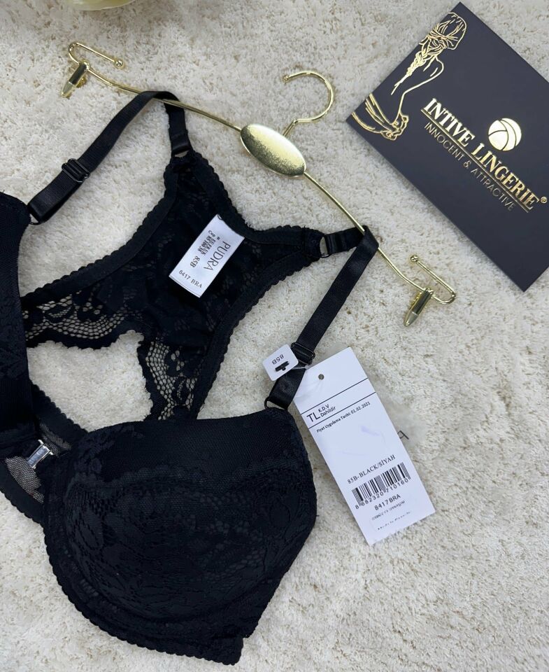 Pudra Önden Klipsli Güpür Dantelli Halter Kesim Yarı-Destekli Sütyen Siyah - 85B