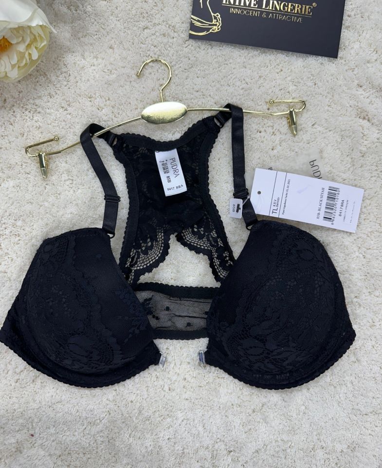 Pudra Önden Klipsli Güpür Dantelli Halter Kesim Yarı-Destekli Sütyen Siyah - 85B