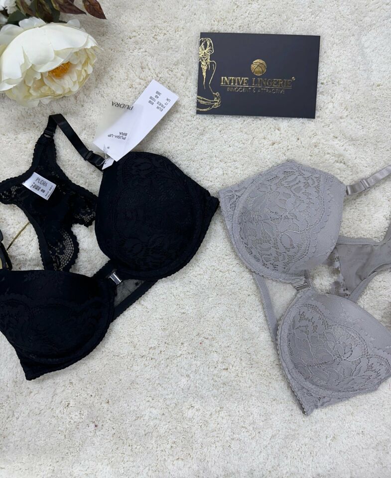 Pudra Önden Klipsli Güpür Dantelli Halter Kesim Yarı-Destekli Sütyen Siyah - 85B