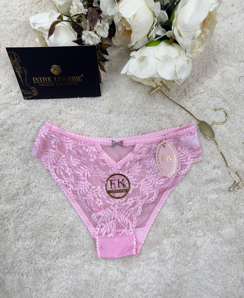 Fk Lingerie Taşlı Transparan Tül Önü Dantelli Önü Cut-Out Külot Pembe - L/XL