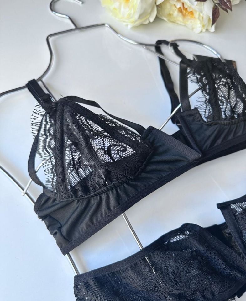 V Yaka Sütyenli Siyah Fantazi Dantel Jartiyer Takım- 8277 Siyah - XL