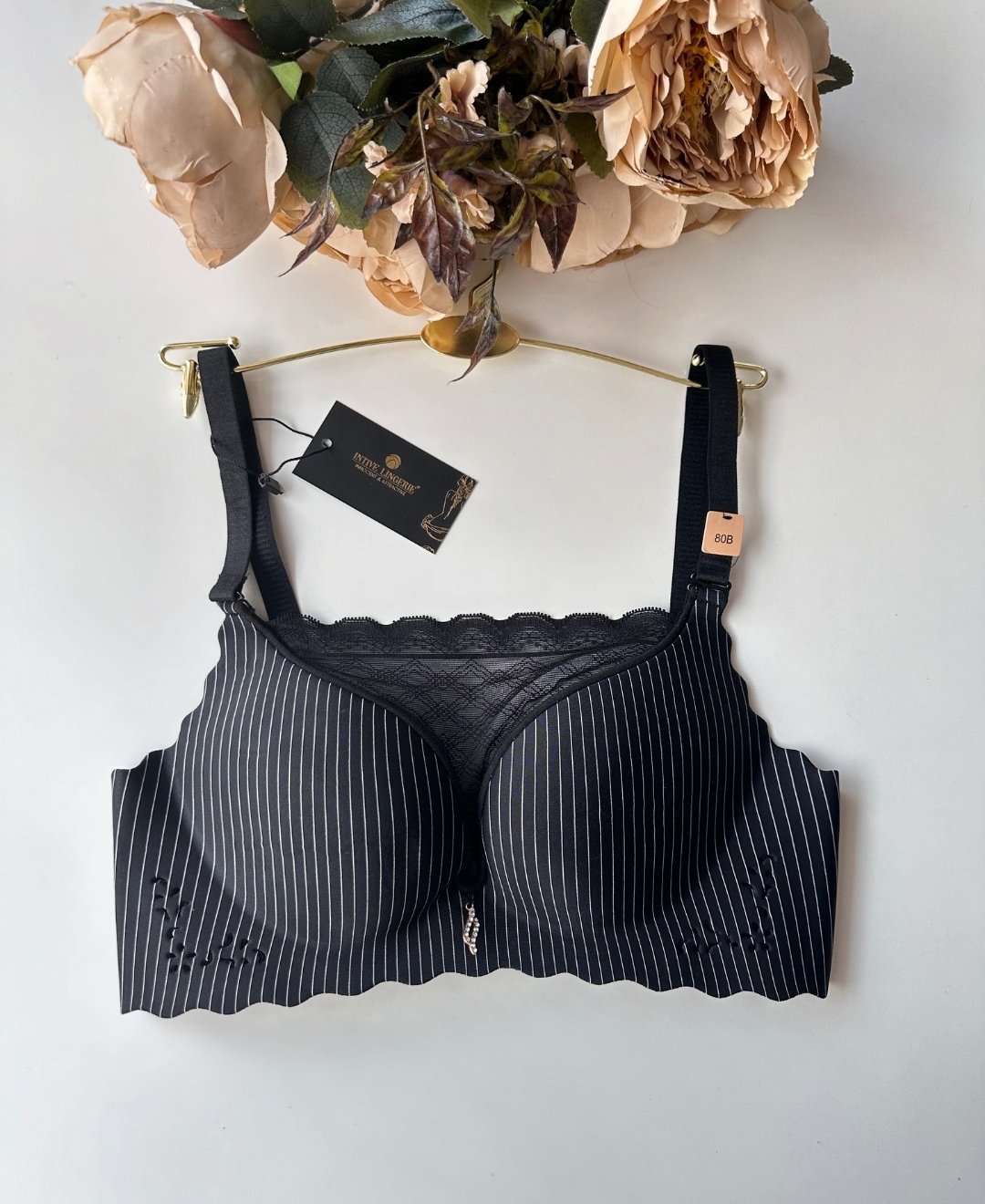 İthal Çizgili Önü Dantelli Lazer Kesim Soft Push Up Balensiz Sütyen - 1202 Siyah - 80B