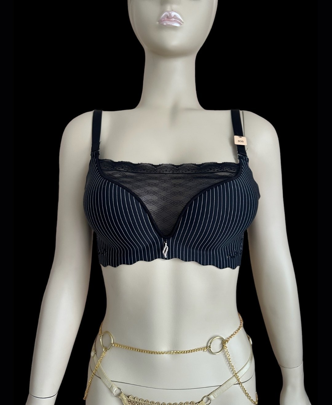 İthal Çizgili Önü Dantelli Lazer Kesim Soft Push Up Balensiz Sütyen - 1202 Siyah - 80B