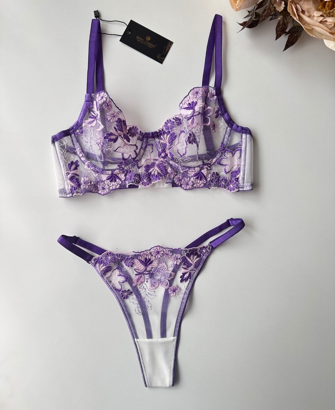 Flower Love Çiçek Desenli Transparan Dantel Sütyen Takım (Pembe, Mor, Somon) Mor - 75B
