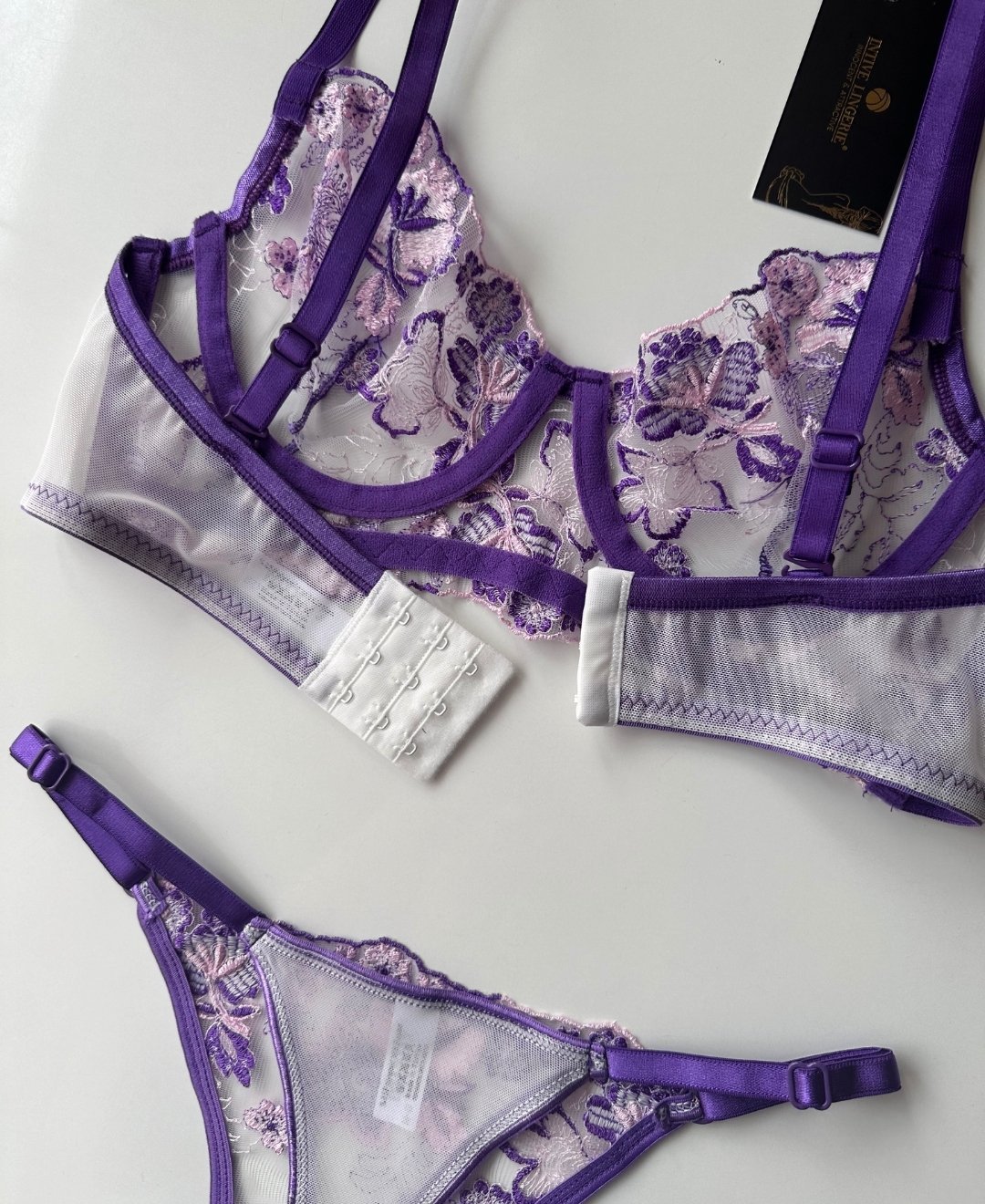 Flower Love Çiçek Desenli Transparan Dantel Sütyen Takım (Pembe, Mor, Somon) Mor - 75B