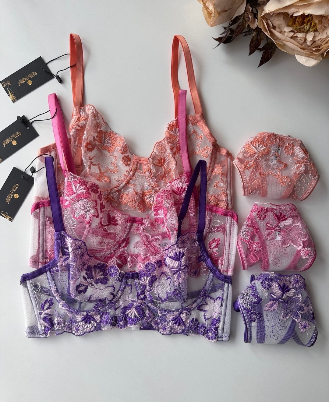 Flower Love Çiçek Desenli Transparan Dantel Sütyen Takım (Pembe, Mor, Somon) Mor - 75B