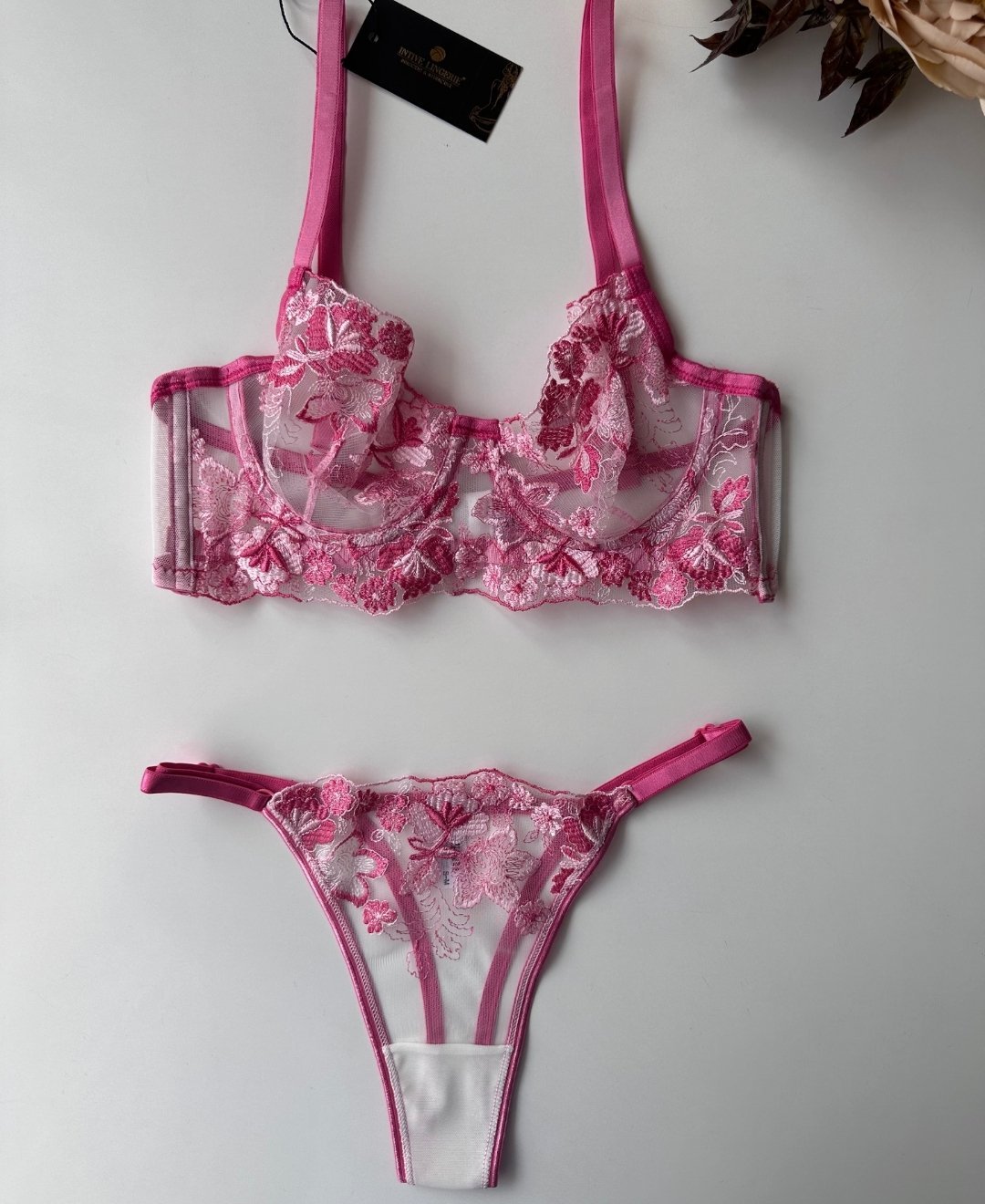 Flower Love Çiçek Desenli Transparan Dantel Sütyen Takım (Pembe, Mor, Somon) Pembe - 75B