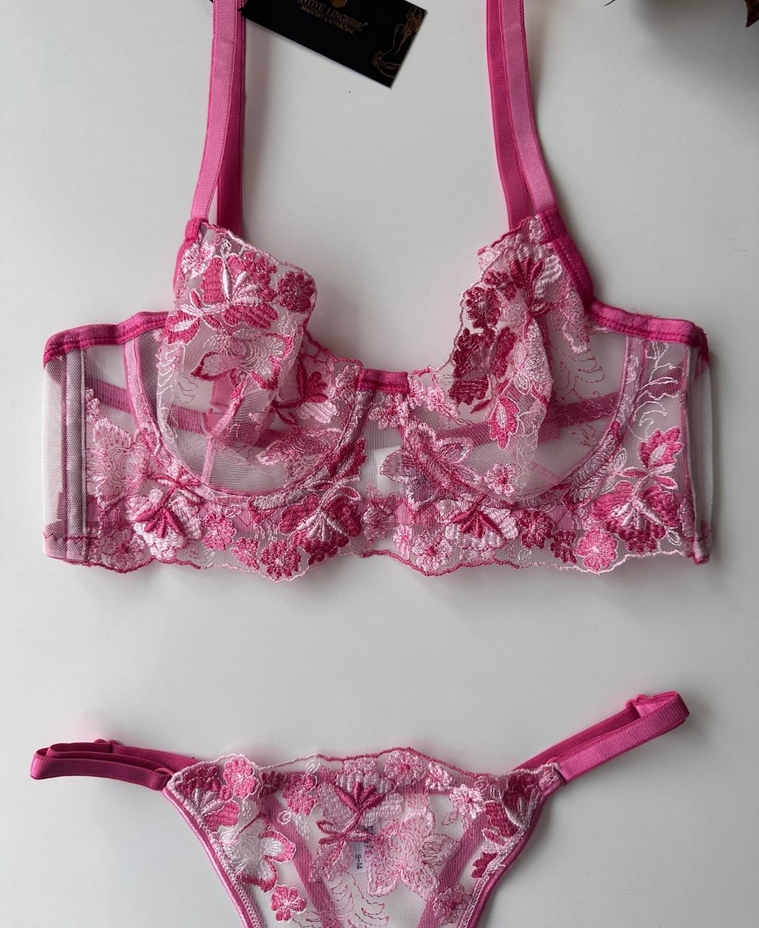 Flower Love Çiçek Desenli Transparan Dantel Sütyen Takım (Pembe, Mor, Somon) Pembe - 75B