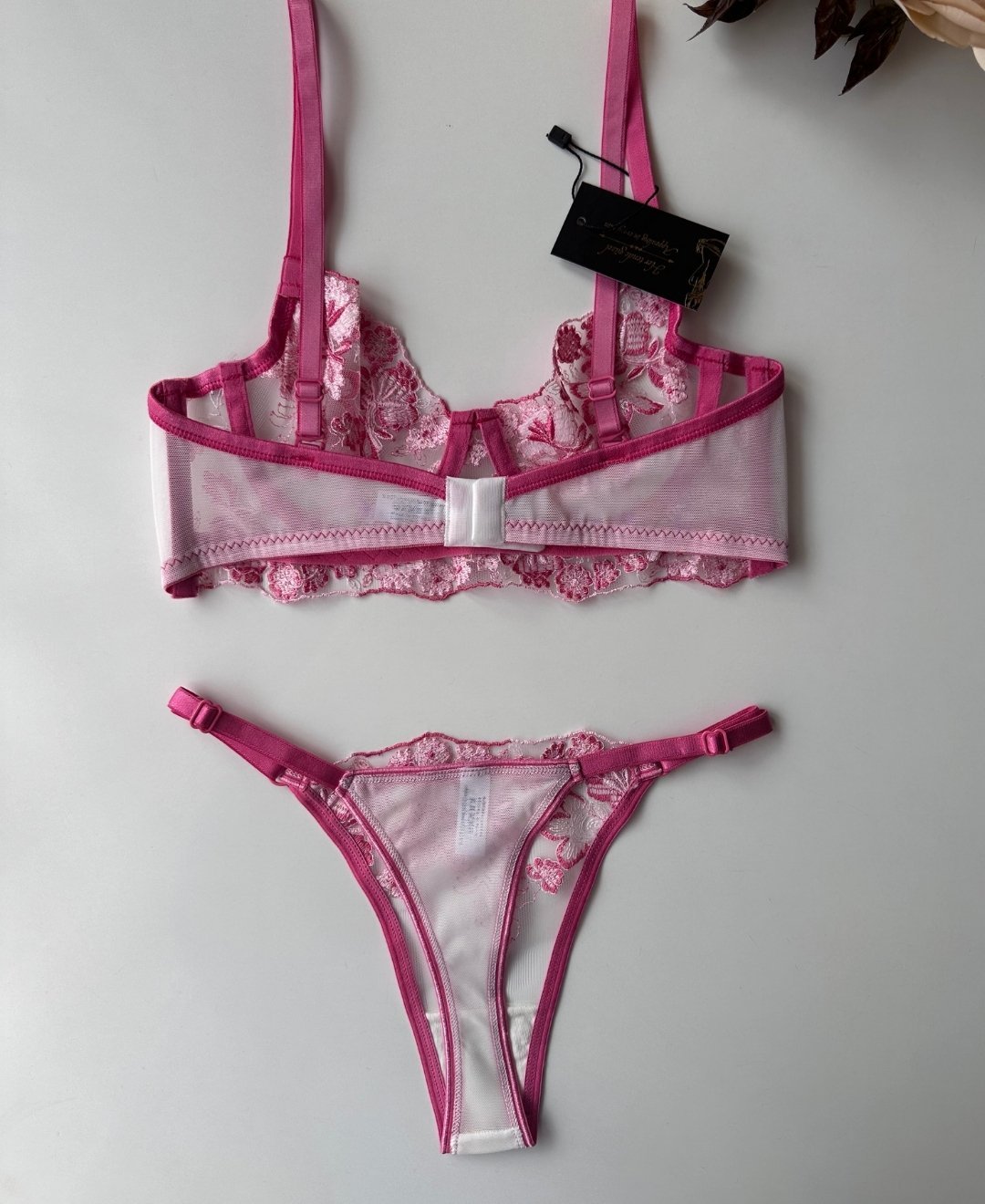 Flower Love Çiçek Desenli Transparan Dantel Sütyen Takım (Pembe, Mor, Somon) Pembe - 75B