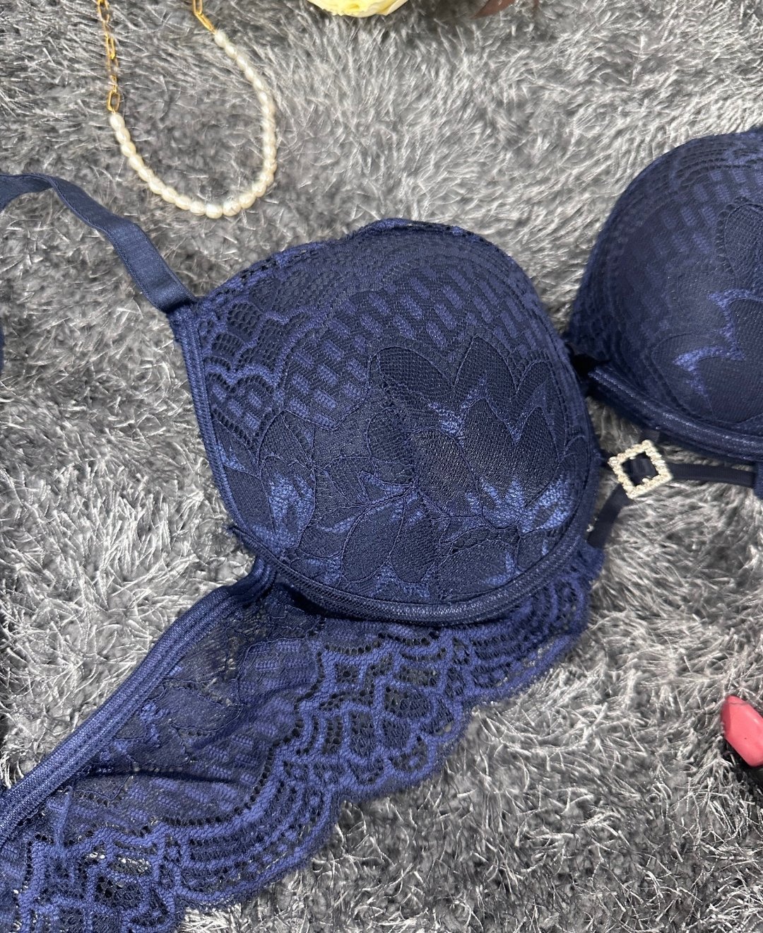 Push-up Dantelli Önü Taşlı Aksesuar Detaylı Günlük/Fantezi Sütyen Lacivert - 75B