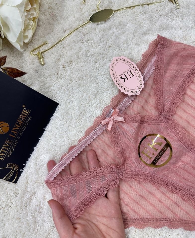 Fk Lingerie Simli Arkası Transparan Tül Önü Dantelli Önü Cut-Out Külot Bej - S/M