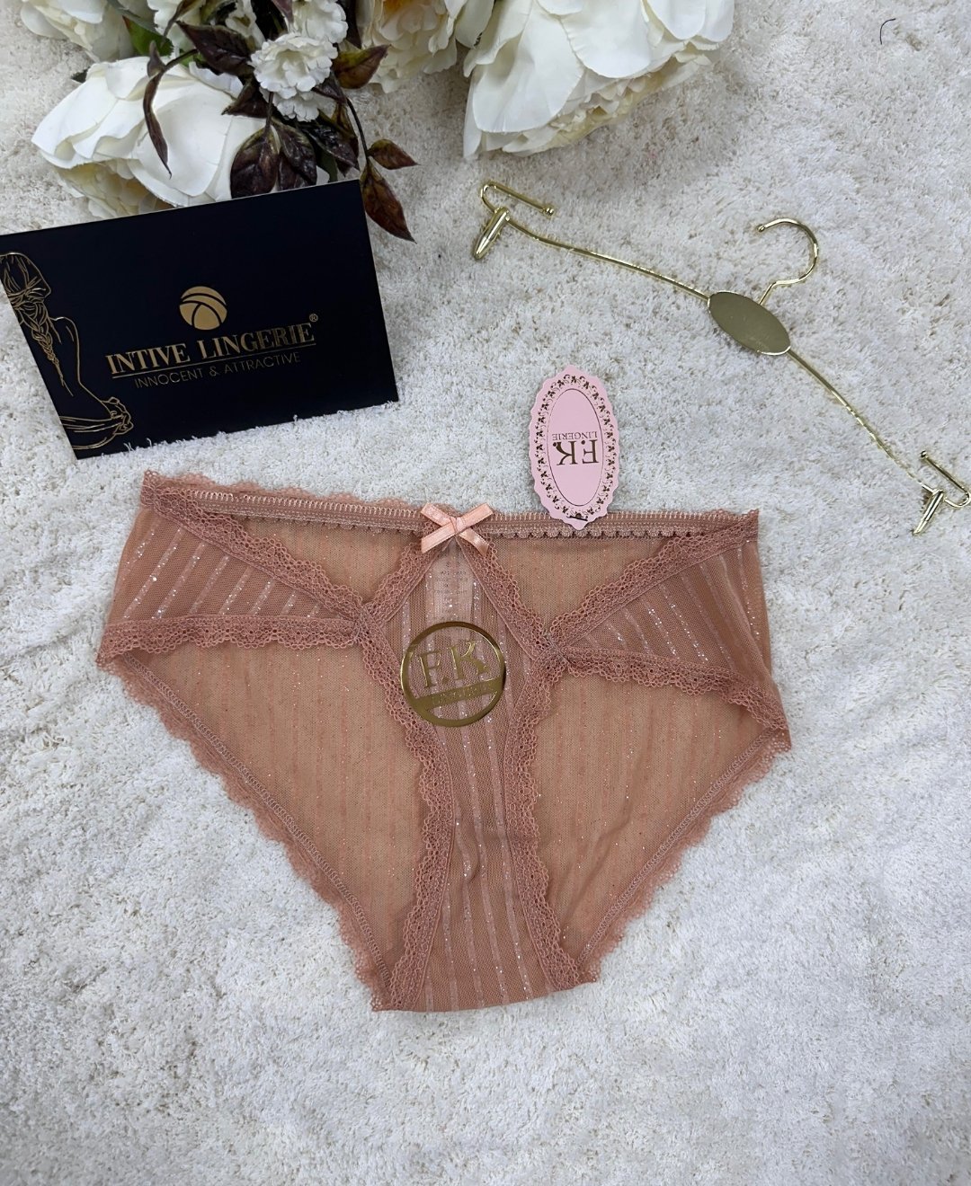 Fk Lingerie Simli Arkası Transparan Tül Önü Dantelli Önü Cut-Out Külot Bej - S/M
