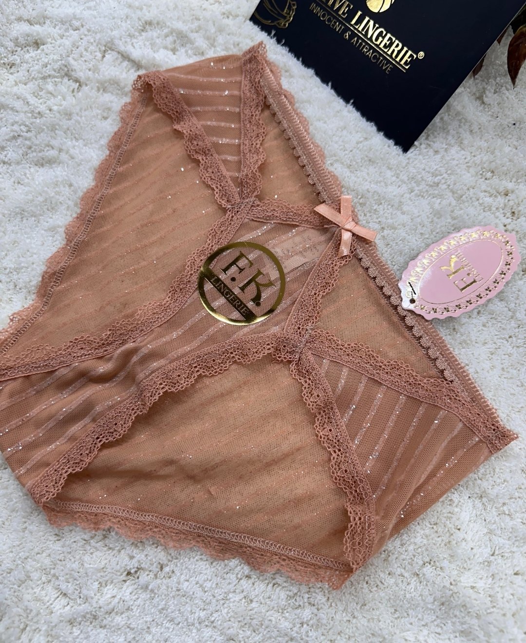 Fk Lingerie Simli Arkası Transparan Tül Önü Dantelli Önü Cut-Out Külot Bej - S/M