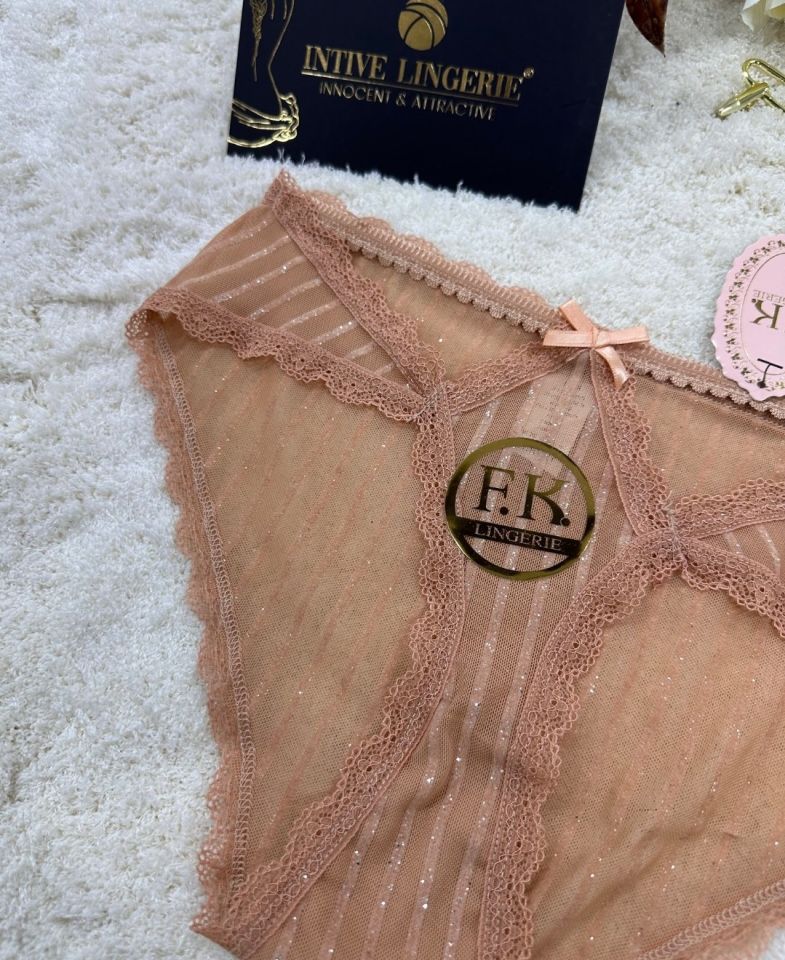 Fk Lingerie Simli Arkası Transparan Tül Önü Dantelli Önü Cut-Out Külot Bej - S/M