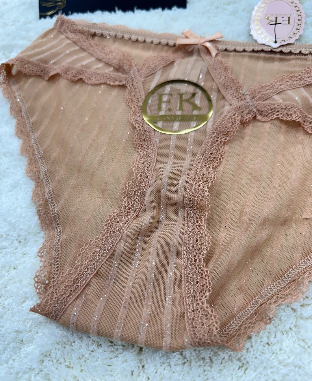 Fk Lingerie Simli Arkası Transparan Tül Önü Dantelli Önü Cut-Out Külot Bej - S/M