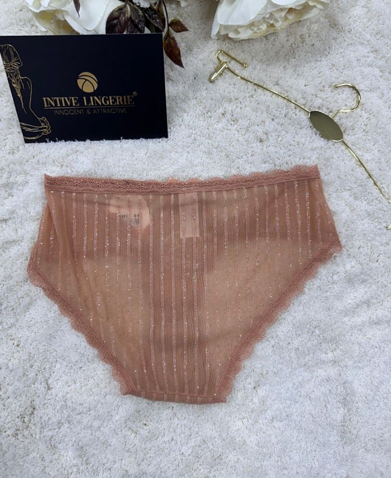 Fk Lingerie Simli Arkası Transparan Tül Önü Dantelli Önü Cut-Out Külot Bej - S/M