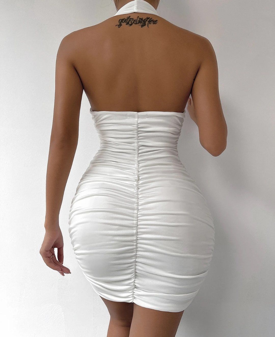 Beleng Drapeli Derin V Dekolte Mini Modern Feminen Gecelik/Babydoll-7075/7076 Beyaz - S/M