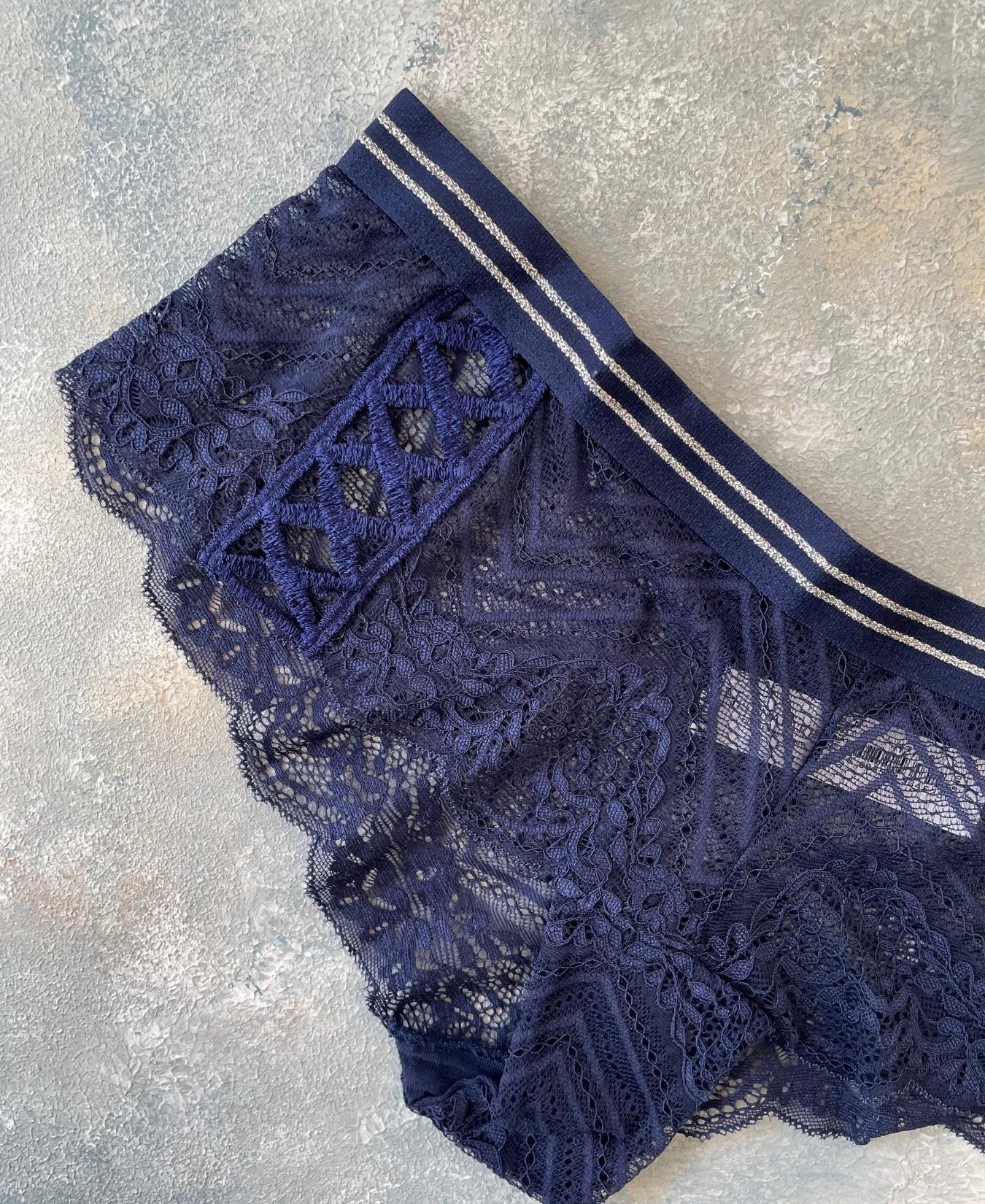 Lucia Kadın Dantel Detaylı Transparan Seksi Tanga Lacivert - S/M