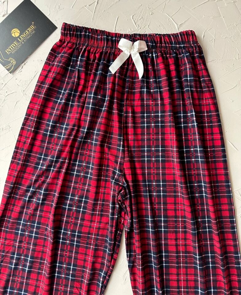 Lindros Kırmızı Siyah Ekose Desen Geniş Beden Seçenekli Kadife Pamuk Pijama Altı (S-4XL) Ekose - 3XL