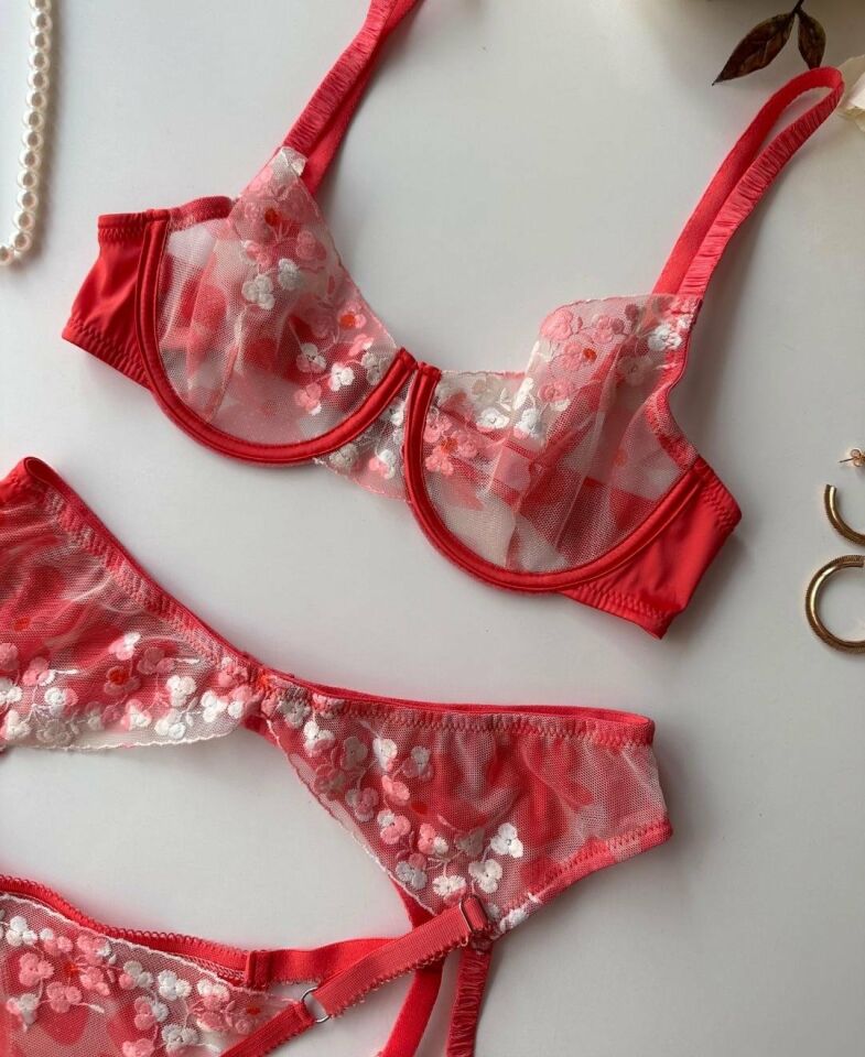 Daniela Nar Çiçeği Renginde Beyaz/Pembe Çiçekli Balenli Jartiyer Takım (Sınırlı Sayıda) Nar Çiçeği - 80B