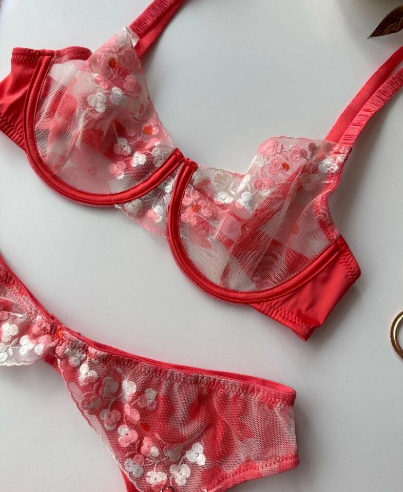 Daniela Nar Çiçeği Renginde Beyaz/Pembe Çiçekli Balenli Jartiyer Takım (Sınırlı Sayıda) Nar Çiçeği - 80B