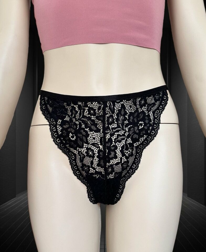 Arkası Parlak Taşlı -Sexy- Yazılı Dantelli String (Special Edition) Siyah - Tek Ebat