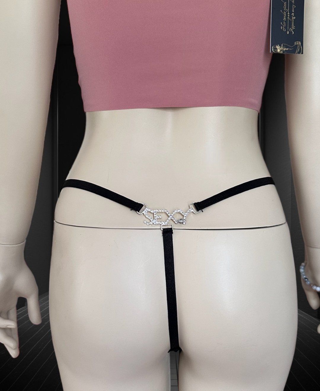 Arkası Parlak Taşlı -Sexy- Yazılı Dantelli String (Special Edition) Siyah - Tek Ebat