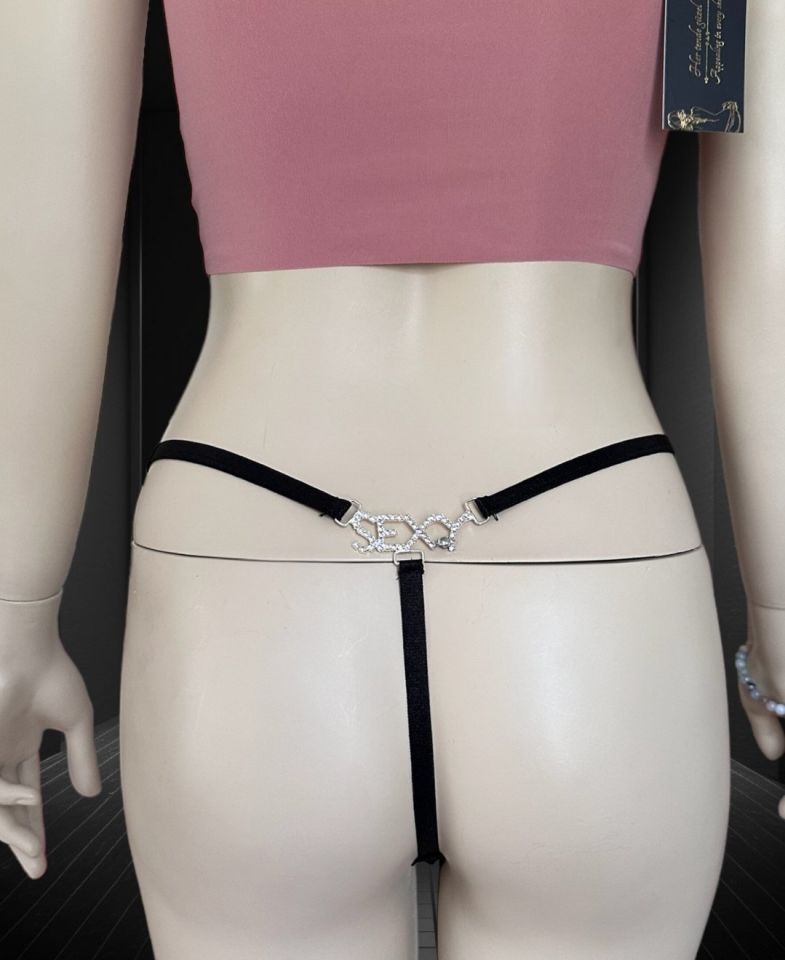 Arkası Parlak Taşlı -Sexy- Yazılı Dantelli String (Special Edition) Siyah - Tek Ebat